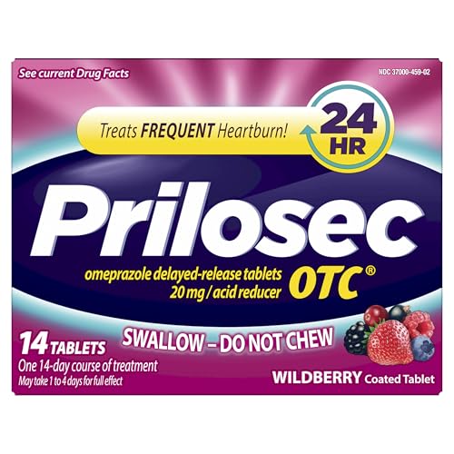 Prilosec OTC, Omeprazole Delayed Release 20mg, Acid Reducer, Treats Frequent Heartburn for 24 Hour Relief, All Day, All Night*, Wildberry Flavor, 20mg, 14 Tablets