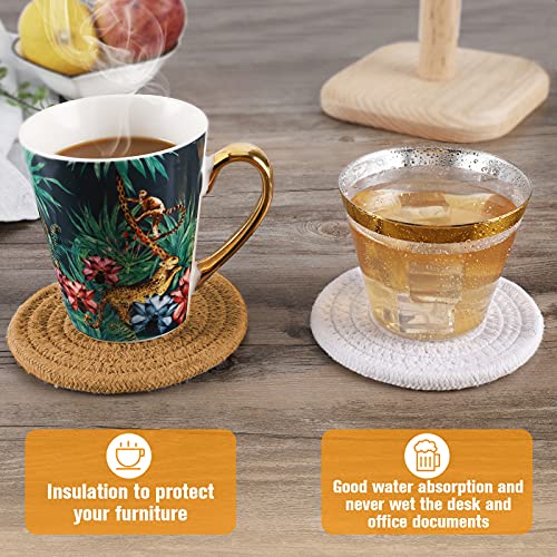 ABenkle 8 Pcs Drink Coasters with Holder, Cotton Woven Absorbent Coasters for Drinks, Minimalist Home Decor Coaster Set for Wooden Tabletop Protection Table, 4 inches