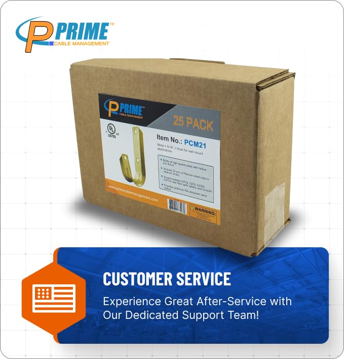 Prime Cable Management 1 5/16 Inch Heavy Duty Metal Cable & Wire Support J-Hook Hangers for Wall Mounting & Attaching to Vertical Surfaces for Cable & Wire Management