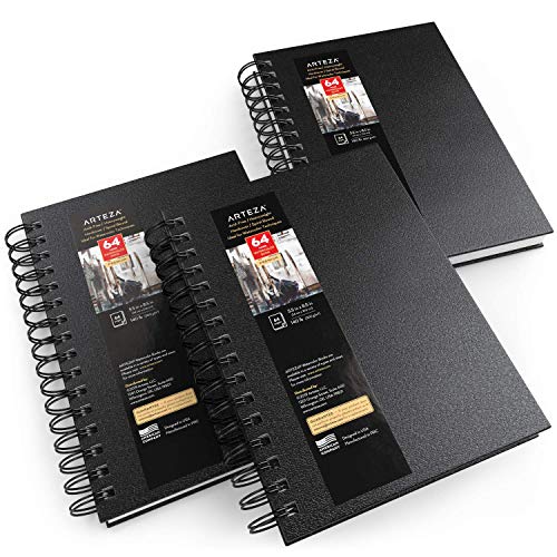 ARTEZA Watercolor Sketchbook Set, 3-Pack, 64 Pages per Book, 5.5 x 8.5 Inches, Black Hardcover Spiral Notebooks, 140-Pound Premium Watercolor Paper for Artists
