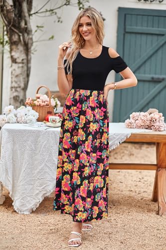 STYLEWORD Womens Dress Summer Floral Wedding Guest Maxi Long Boho Cold Shoulder Casual Plus Size 2025(Floral21,S)