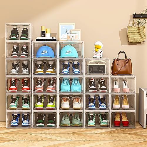 Thicken & Sturdy Clear Shoe Storage Organizer with Magnetic Door, Stackable Boxes for Closet, Foldable Space-Saving Shoe Rack for Sneaker Boot Container, Plastic Shoe Cabinet Shoe Box 6 Pack, Black