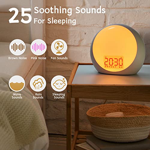 Sunrise Alarm Clock Wake Up Light Brown Noise Machine 29 Alarm Tones with Sunrise Sunset Simulation for Heavy Sleepers Kids Bedroom Dual Alarms Snooze Sound White Noise Machine with 25 Sleeping Sounds