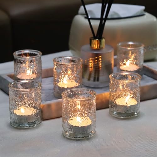 Blue Votive Candle Holders 24 pcs Glass Votive for Table Centerpiece Embossed Bouquet Tea Light Candle Holders for Wedding, Birthday Party Christmas Decoration Indoor