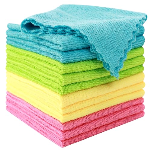 MOONQUEEN 12 Pack Microfiber Cleaning Cloth - Reusable Cleaning Rag, Fast Drying Cleaning Towels,12"X12", Green/Blue/Yellow/Pink
