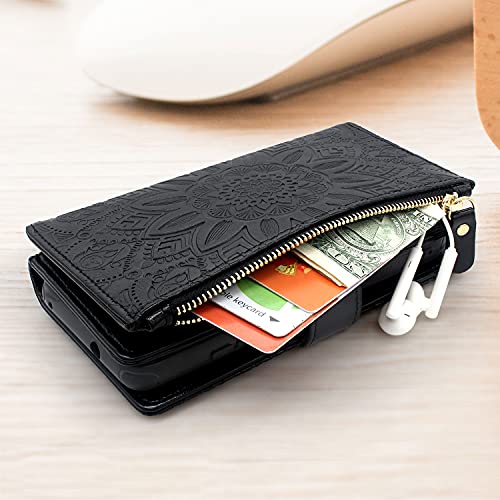 Harryshell Detachable Magnetic Zipper Wallet Leather Case Cash Pocket with Card Slots Holder Wrist Strap for iPhone 11 6.1 inch 2019 Floral Flower (Black)