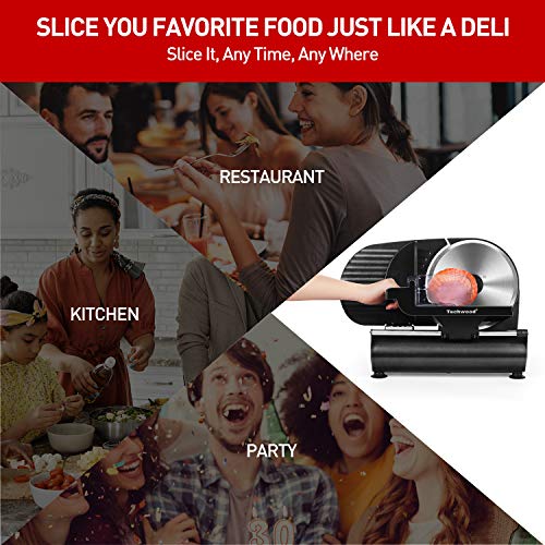 Meat Slicer, Techwood Electric Deil Food Slicer with Removable 9” Stainless Steel Blade, Deli Cheese Fruit Vegetable Bread Cutter with Adjustable Knob for Thickness, Food Carriage & Non-Slip Feet