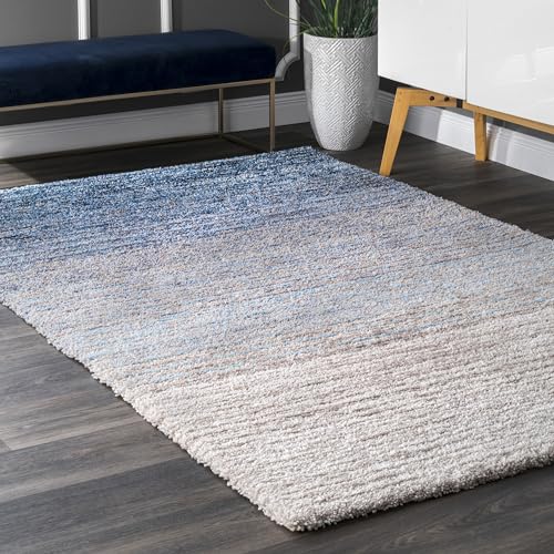 nuLOOM Drey Striped Shag Area Rug - 4x6 Shag Area Rug Casual Blue/Ivory Rugs for Living Room Bedroom Dining Room Nursery