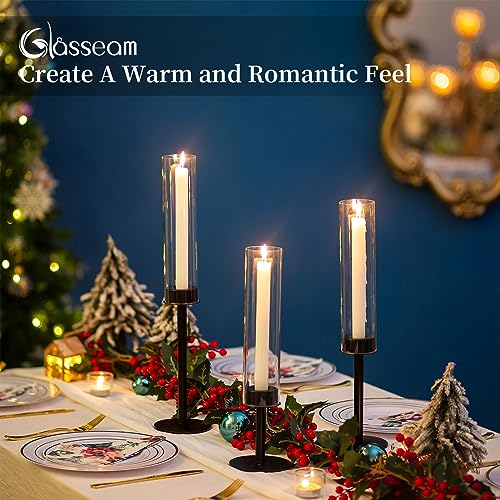 Glass Hurricane Black Candlestick Holders: Glasseam Metal Taper Candle Holders with Glass Cylinder Shade Set of 3, Modern Candle Holder for Table Centerpiece Wedding Christmas Decoration