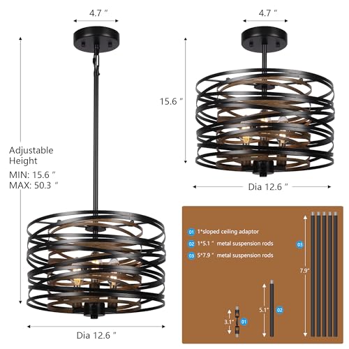 12.6'' Farmhouse Chandeliers for Dining Room, 3-Light Industrial Metal Hanging Light Fixture, Rustic Drum Pendant Light for Entryway Kitchen Foyer Bedroom, Black with Retro Wood Texture Interior