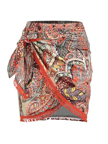ZAFUL Slit Skirt for Women Boho Paisley Printed Wrap Skirt Tie Side Sarong Bodycon Mini Short Skirt for Beach Party(Boho-Royal Blue,L)
