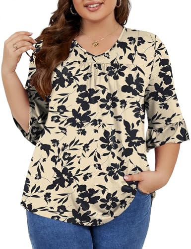 Micoson Womens Dressy Tops Plus Size Casual 3/4 Sleeves Loose Tunic Tops V Neck Pleated Front Plain Work Blouses Shirt, Green XL