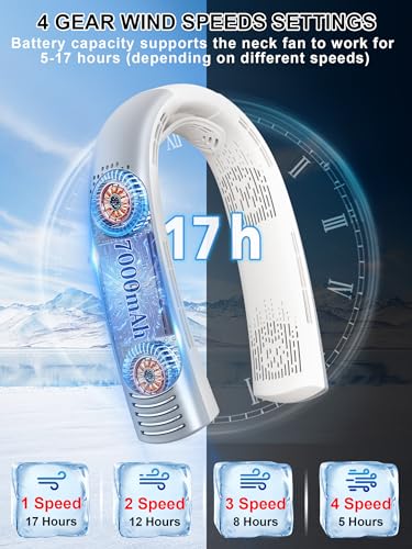 Portable Neck Fan Rechargeable 7000mAh, Bladeless 360° Airflow Cooling Neck Fan Cooler with Necksupport, Quiet Wearable Hands-Free Personal Fan, 4 Turbo, Display, Portable Fan for Hot Flashes/ Travel