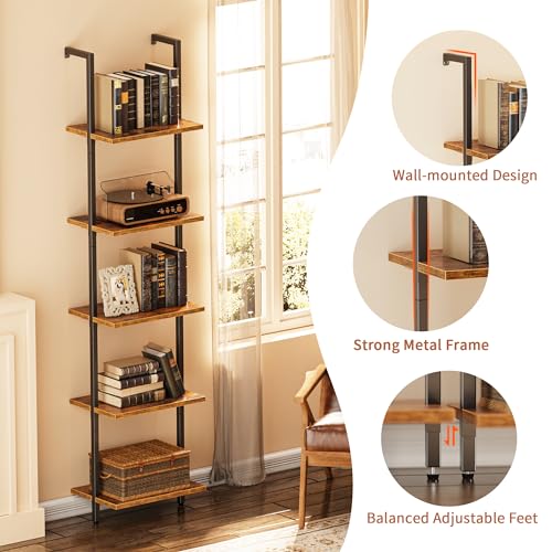 SUPERJARE 5 Tier Bookshelf, Narrow Book Shelf with Open Display Shelves, Small Bookcase with Metal Frame for Bedroom, Living Room, Rustic Brown
