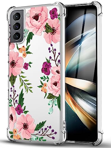 DNTMZIN for Samsung Galaxy S21 Case, Clear TPU Bumper Women Girl Phone Case, Flower Soft & Flexible Shockproof Floral Women Phone Cover,Prevent watermarks A01-Elegant Peonies,6-s21-01