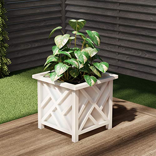 Lattice Design Planter Box 2-Pack – 14.75-Inch Decorative Outdoor Flower or Plant Pots – Front Porch, Patio, and Garden Decor by Pure Garden (White)