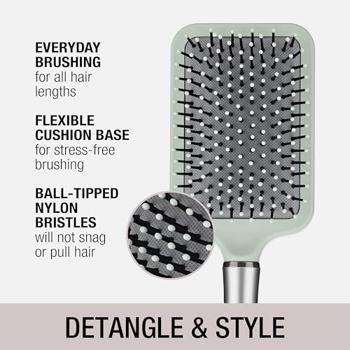 Conair Velvet Touch Paddle Cushion hair brush - Detangling hairbrush - curly or straight styles - men or women - detangler - features soft touch handle - Sage Green