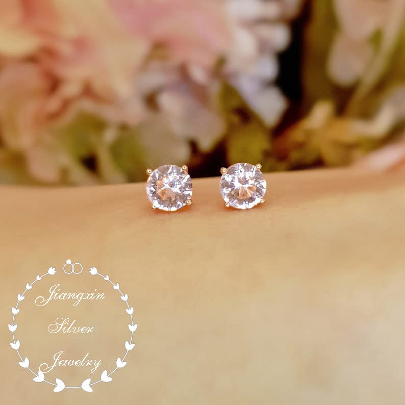 JIANGXIN Round cut Peach Morganite 925 Sterling Silver Platinum Plated Stud Earrings Fine Jewelry for Women 3mm stone