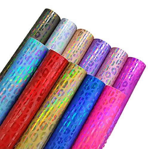 Holographic Embossed Leopard Apricot Yellow Faux Leather Sheets, 12"X53" Iridescent PU Fabric Roll for Crafts Bows Earrings Handbag Sewing Decoration