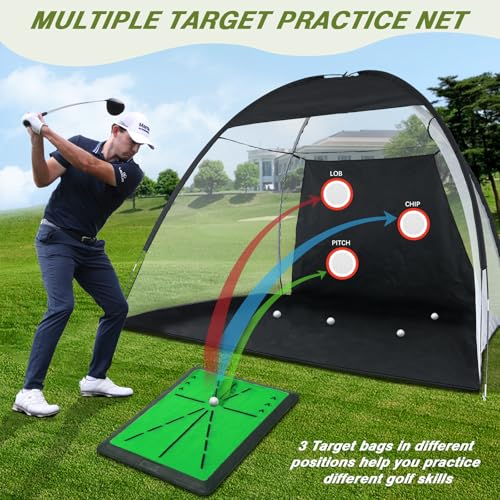Golf Net: 10x7FT Golf Practice Net with Path Feedback Golf Mat, All in One Golf Hitting Net for Backyard Driving Golf Training Aid Nets, Indoor/Outdoor Multi-Targets Golf Chipping Net for Golf Lovers
