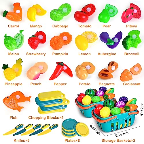 100 Pcs Play Food Set for Kids Kitchen, Pretend Food Toy for Toddlers Age 1-3, Plastics Cutting Fake Food/ Fruit/ Vegetable Accessories with 2 Baskets, Birthday Gifts for 2 3 4 5 Years Old Boys Girls