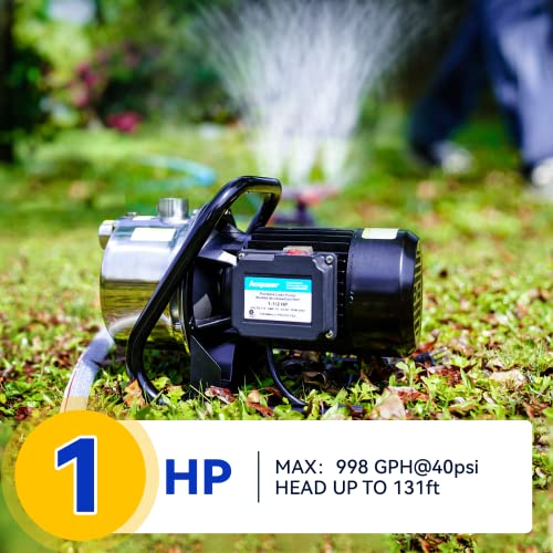 Acquaer 1 HP Portable Shallow Well Pump Garden Pump, Stainless Steel, 998 GPH, 115V Sprinkler Pump Water Transfer Draining Irrigation Pump for Water Removal/Lawn Garden