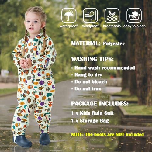 Kids Toddler Rain Suit for Boys Girls One Piece Hoodie Zipper Cartoon Waterproof Coverall Rain Jacket 1-10 Years S Size