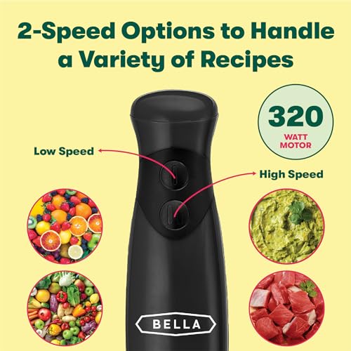 BELLA Immersion Hand Blender, Portable Mixer with Whisk Attachment - Electric Handheld Juicer, Shakes, Baby Food and Smoothie Maker, Stainless Steel, Black