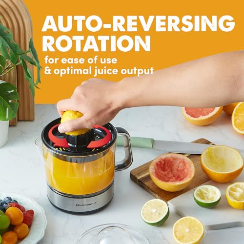 Elite Gourmet ETS623 BPA-Free Electric Citrus Juicer, Compact, Large Volume, Pulp Control, Oranges, Lemons, Limes, Grapefruits with Easy Pour Spout, 24oz, Black/Stainless Steel