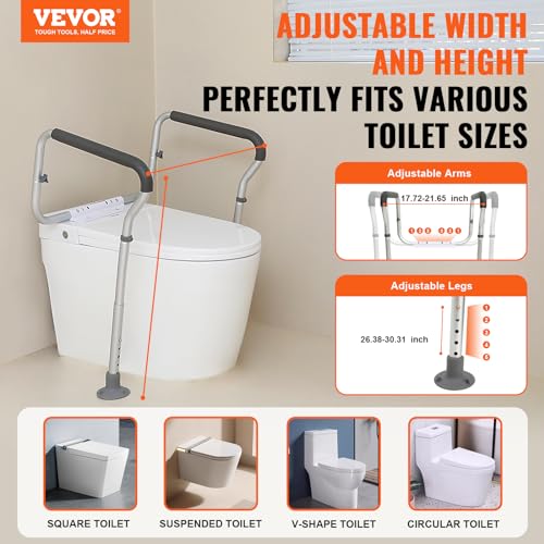 VEVOR Toilet Safety Rail, Bathroom Toilet Seat Safety Frame, Adjustable Width & Height Fit Most Toilets, 300lbs Capacity, Medical Toilet Handles with Padded Armrests for Handicap, Elderly, Disabled