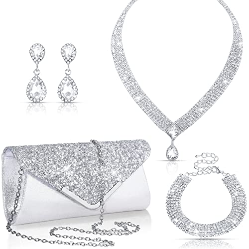 Tiamon 4 Pcs Rhinestone Jewelry Sets for Women Formal Prom Jewelry Earrings Necklace Bracelet Silver Clutch Purses Bag for Evening Wedding Party Christmas Jewelry Gift (Bling Style)