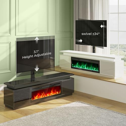 Rolanstar Fireplace TV Stand with Led Lights and Power Outlets, TV Stand Mount with 30" Electric Fireplace, White Entertainment Center for 45/50/55/60/65/70 inch TVs, Modern TV Console for Living Room
