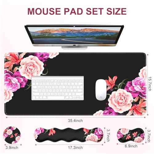 iLeadon Mouse Pad Set, Desk Mat + Mouse Pad with Wrist Rest + Keyboard Wrist Rest + Coaster, 4in1 Large Gaming Mouse Pad Set for Home Office, Heart Purple