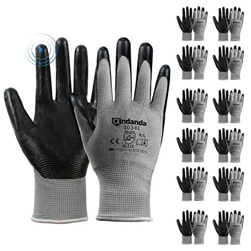 ANDANDA 120 Pairs Work Gloves, Smart Touch, 3D Comfort Stretch Fit, Nitrile Coated Work Gloves with Grip, Seamless Knit Nylon Work Gloves Men Suitable for Warehousing, Logistics, Handling, Black（M）