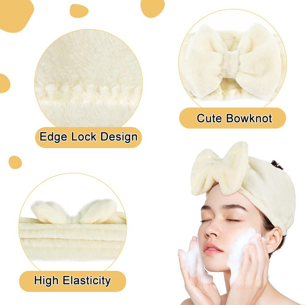 Shintop Spa Headband Soft Carol Fleece Makeup Headband with Cute Bow Elastic Hairand for Washing Face Skincare Facial Mask Bath Gift（Creamy White）