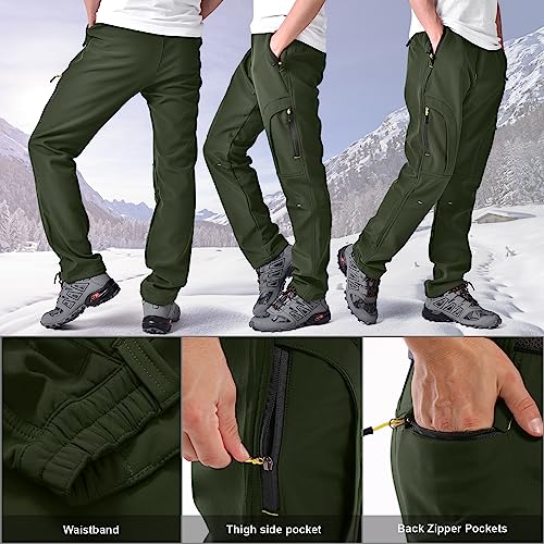 Toomett Men's Snow Pants Waterproof Skiing Winter Insulated Soft Shell Outdoor Fleece Lined Cargo Hiking Pants with Zipper Pockets,MH4409,Army,29