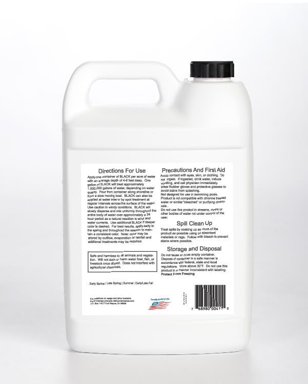Pond Champs Black Lake & Pond Dye – One Gallon of Deep Black Pond Colorant – Treats 1 Acre - Safe for Fish, Wildlife, Pets & Children