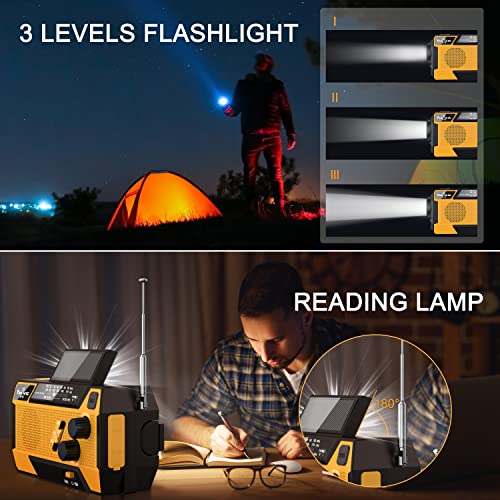 Yesiwtc 7400mWh NOAA Emergency Weather Radio with 3 in 1 Charging Cable Emergency Radio Solar Hand Crank Alert Radio 3 Power Supply Methods with SOS Alarm, Flashlight for Hurricane Emergency