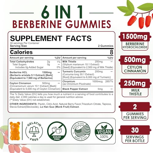 Berberine Supplement 1500mg, Sugar Free Berberine with Ceylon Cinnamon Gummies w/Chromium, Turmeric, Milk Thistle for Naturally Metabolism Balanced, Berberine HCl from Indian Barberry Extract, 60 Cts