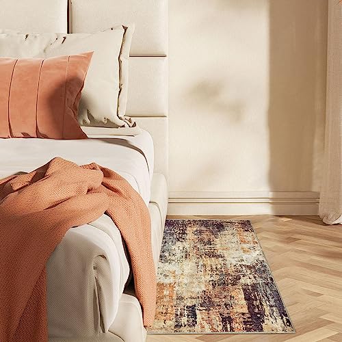 OIGAE Washable Rug 2x3, Abstract Modern Small Entryway Rug Door Mat with Non-Slip Backing, Front Entrance Carpet for Entrance Bedroom Bedside Kitchen Laundry Home Decor, Gold/Brown