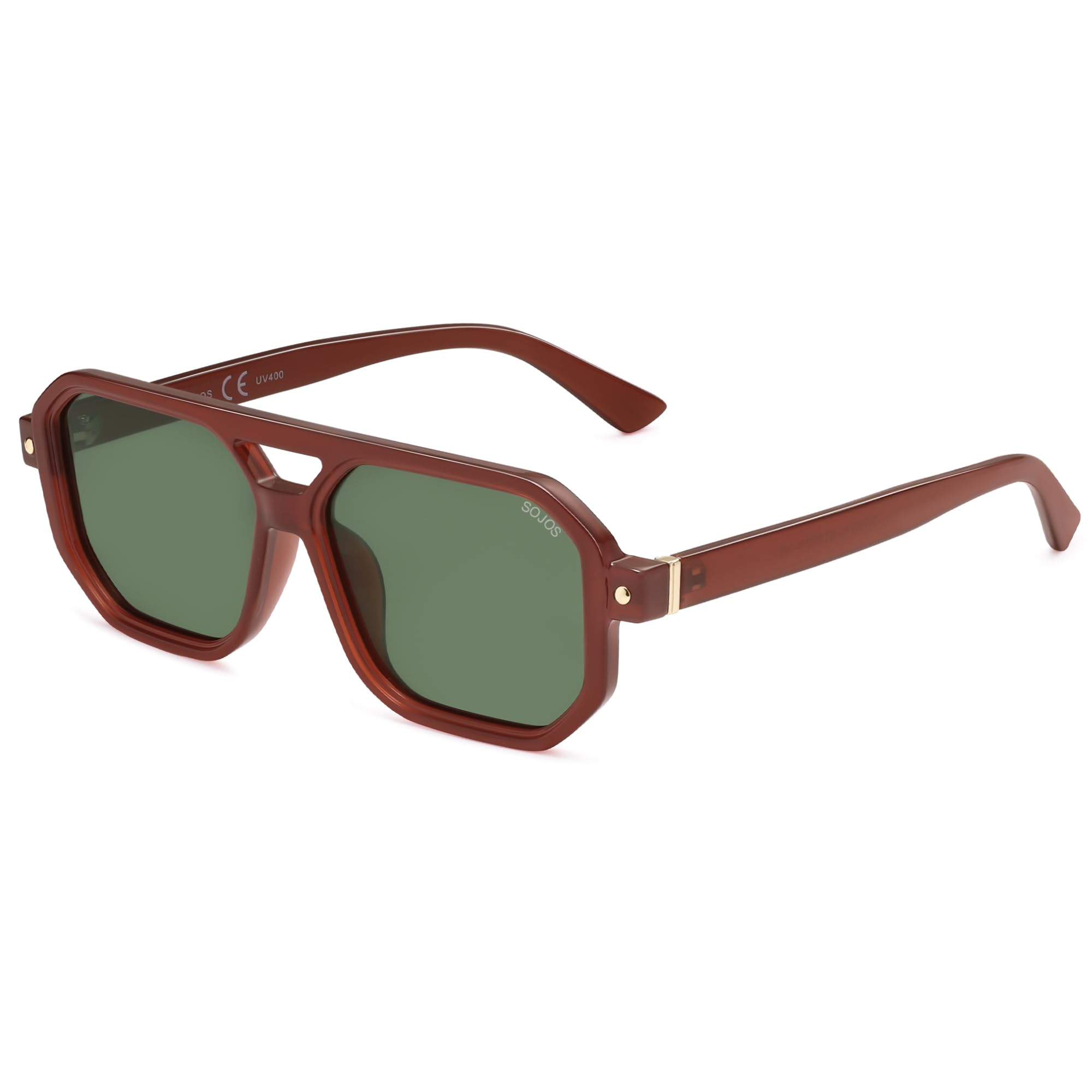 SOJOS Retro Polarized Square Aviator Sunglasses for Women Men Vintage 70s UV400 Protection Shade SJ2609 Milky Brown Green Lens