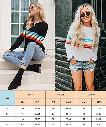 ECOWISH Women's Sweater Colorful Striped Sweaters Long Sleeve Crew Neck Casual Pullover Knit Blouse Tops 207 White Orange X-Large