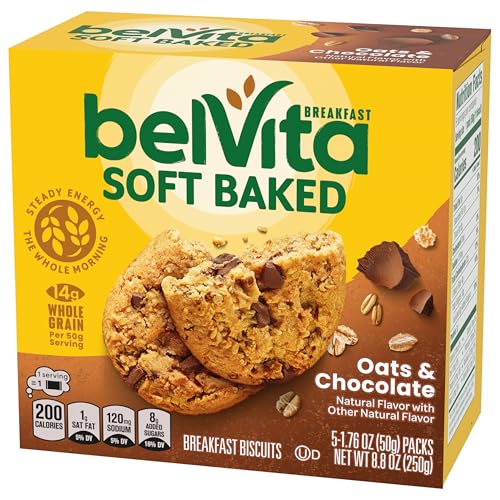 belVita Soft Baked Oats & Chocolate Breakfast Biscuits, Chewy Breakfast Bars, 6 Boxes of 5 Packs (1 Biscuit Per Pack)