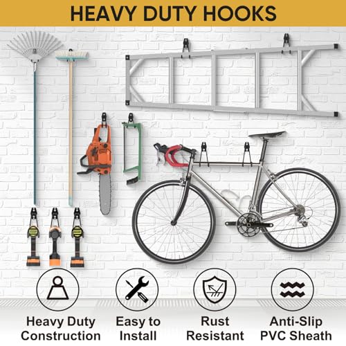 TICONN 12 Pack Heavy Duty Garage Hooks, Steel Utility Wall Storage Hooks, Wall Mount Hanger Organizer for Ladders, Bikes, Tools, Bulky Items (Black)