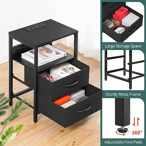 Yoobure Nightstand with Charging Station, Small Night Stand with Fabric Drawers and Storage Shelf for Bedrooms, Nightstands for Small Spaces, Bedside Table with USB Ports & Outlets Bed Side Table