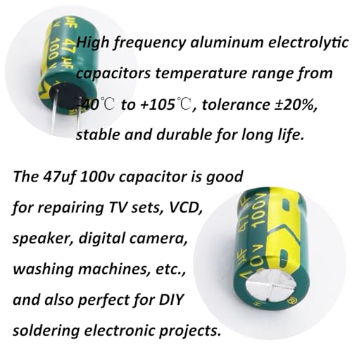 YUNGUI 20pcs 47uF 100V Capacitor,47uf Electrolytic Capacitors High Frequency Aluminum Radial Leads Polarized Capacitor 8X12MM
