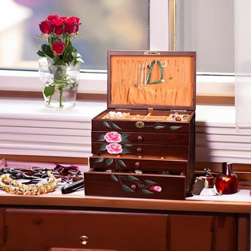 Xloverise Jewelry Box Wood for Wowen, 5-Layer Hand-Paint jewelry holder organizer with necklace hanger, Vintage large jewelry boxes organizer,Valentine's Day gift