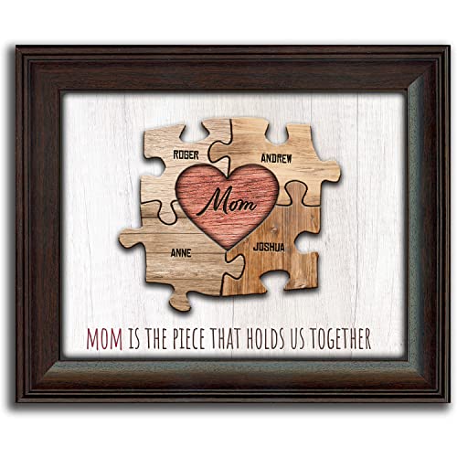 Personal-Prints Mom & Children Personalized Heart Puzzle Wall Art | Unique Mother’s Day Gift | Customized with up to 8 Names | Framed Canvas or Wood Block (4 Children, 14"x17" Framed Behind Glass)