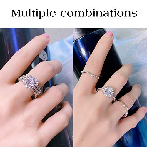 MDFUN 18K White Gold Plated Cubic Zirconia Three-in-One Halo Wedding Engagement Promise Eternity Ring for Women (4.5)