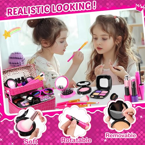 Luucio Pretend Makeup for Toddlers, Fake Makeup Set for Girls - with Double-Layer Bag for Birthday Christmas, Toy Makeup Set for Toddler, Little Girls Age 3+(Not Real Makeup)